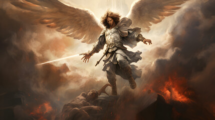 The Great angel Michael cast Lucifer out of heaven - obrazy, fototapety, plakaty