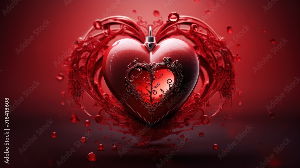 Poster a red heart with a clock in the middle of it on a black and red background with drops of water.