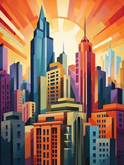 Art Deco Skyscraper City Canvas Print: Modern Landscape of Urban Buildings