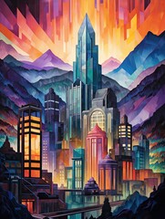 Urban Majesty: Art Deco Cityscape Pierces Majestic Mountain Backdrop
