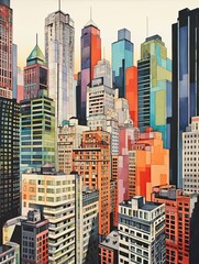 Obraz premium Vintage Cityscape Print: Art Deco City Buildings Wall Art for an Iconic Urban Charm