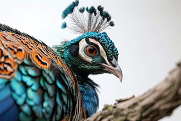 Obraz premium Portrait macro of Indian Peafowl standing on old log AI Generative