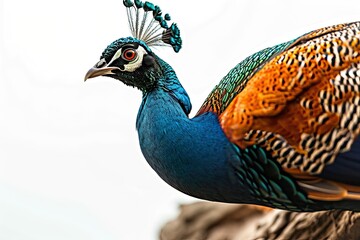 Fototapeta premium Right side view portrait of Indian Peacock standing on old log AI Generative