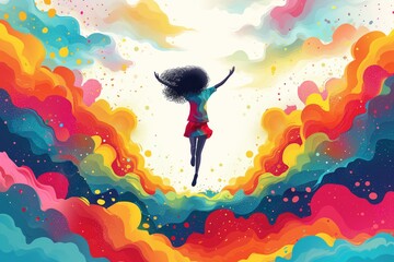 Fototapeta premium A dark-skinned girl floats above the ground with happiness and inspiration