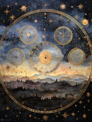 Dawn Awakens: Celestial Zodiac Star Maps - Daybreak Painting of Zodiac Constellations