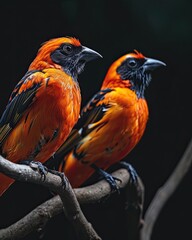 Portrait two of Orioles standing on the wood branch AI Generative