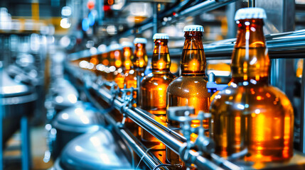 Fototapeta na wymiar Alcohol Bottles in Industrial Brewery, Beverage Production and Glass Manufacture, Beer Technology and Equipment, Modern Factory and Conveyor Line, Automated and Business Operation