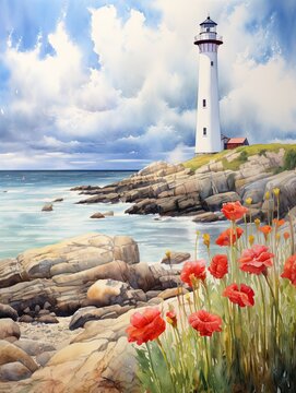 Coastal New England Lighthouses: Beach Scene Painting with Lighthouse on Shore