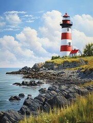 Coastal New England Lighthouses: Serene Nature Artwork of a Picturesque Lighthouse by the Sea in a Captivating Coastal Setting