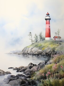 Coastal New England Lighthouses Morning Mist: A Captivating Foggy Lighthouse Scene [Digital Image]