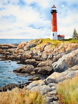 Coastal New England Lighthouses National Park Art Print - Serene Lighthouse in Park Scene
