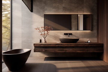 modern and minimalist bathroom design with wooden vanity against a concrete wall and an oval...