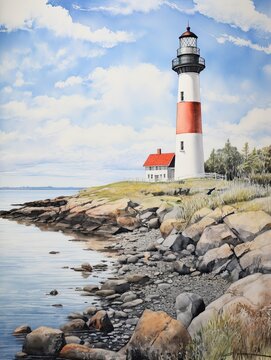 Coastal New England Lighthouses: A Historic Vintage Painting of a Serene Lighthouse Scene