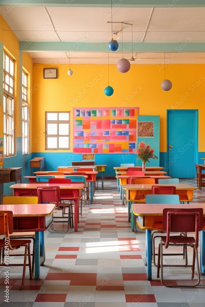 Poster a bright and colorful classroom devoid of students ai generated