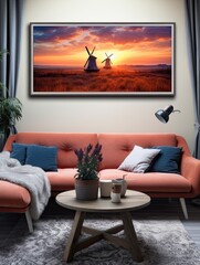 Dutch Windmills at Sunset - Panoramic Landscape Poster of a Majestic Windmill against a Vibrant Sunset