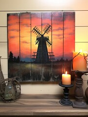 Dutch Windmills at Sunset: Rustic Wall Decor, Vintage Windmill and Farmhouse