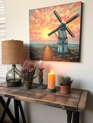 Vintage Dutch Windmills at Sunset - Rustic Wall Decor for Farmhouse Ambiance