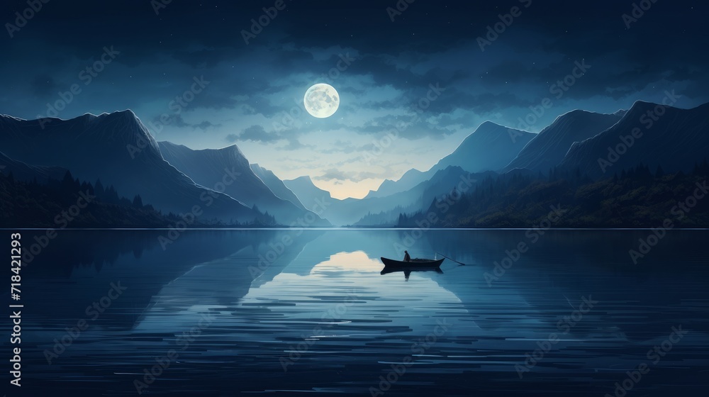 Poster a canoe gliding on a mountain lake under the moonlight with the reflections creating a tranquil and 