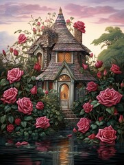 Fototapeta na wymiar Isolated Island Rose Garden: Enchanted Rose Gardens Island Artwork