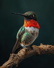 Portrait majestic of Ruby-Throated Hummingbird perched on wood branch AI 