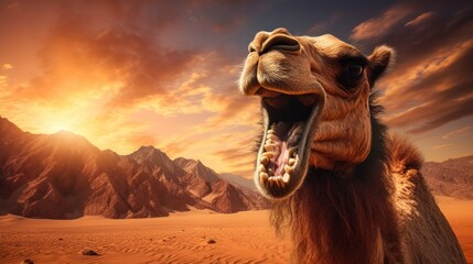  a camel with it's mouth open and it's mouth wide open in front of a mountain range. - obrazy, fototapety, plakaty