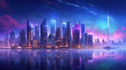 A city skyline bathed in neon light AI generated