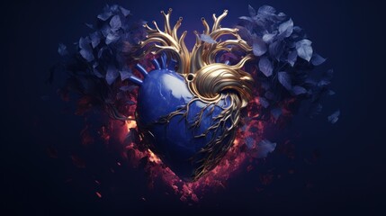  a blue and gold heart surrounded by leaves and flowers on a black background with a blue background and a gold heart surrounded by leaves and flowers.