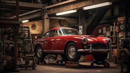 A classic car on a lift in a vintage styled garage  AI generated - obrazy, fototapety, plakaty