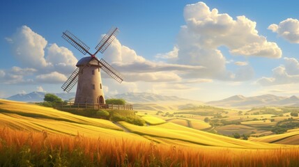 A classic windmill standing tall in a golden wheat field blending rural simplicity with agricultural charm  AI generated - obrazy, fototapety, plakaty