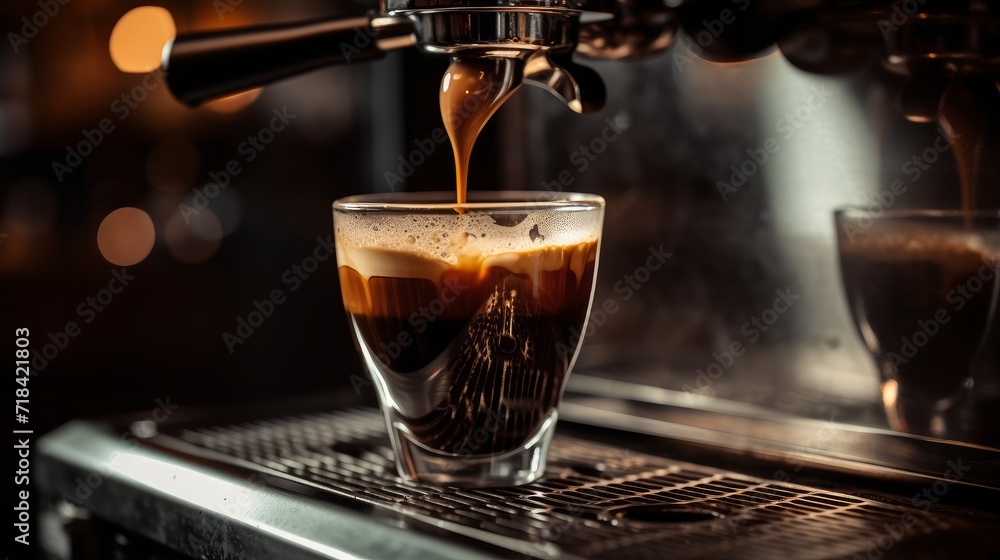 Poster a close-up of velvety dark espresso flowing from a coffee machine at a local cafe ai generated