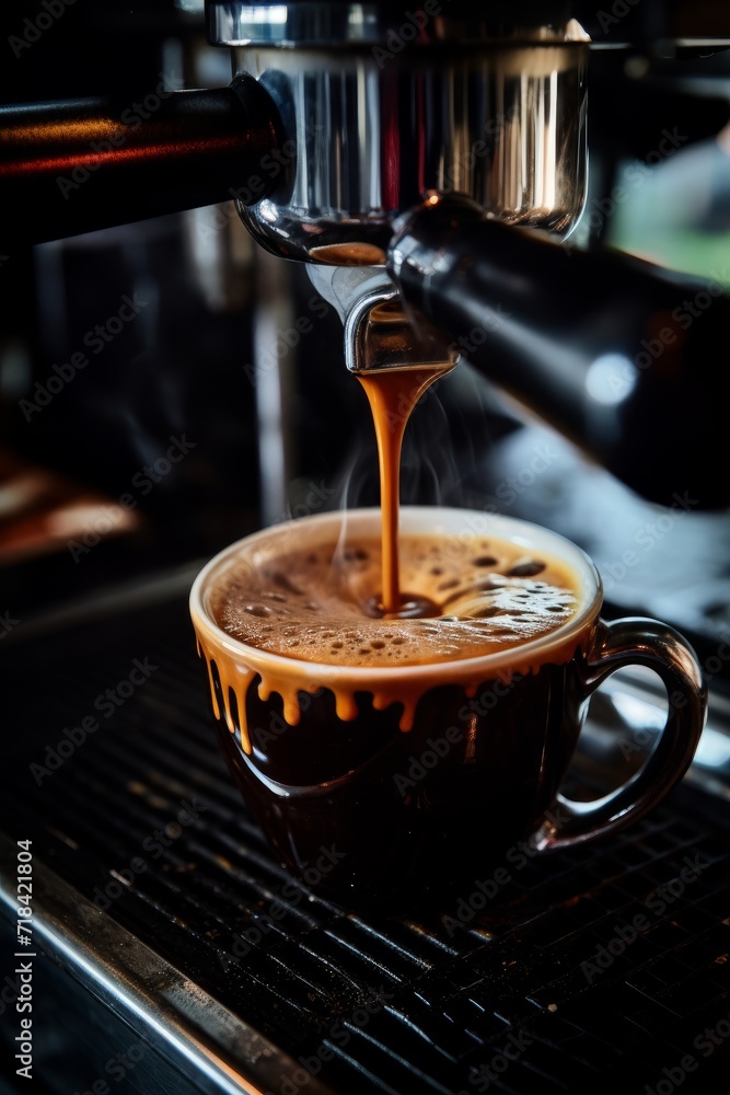 Poster a close-up of velvety dark espresso flowing from a coffee machine at a local cafe ai generated