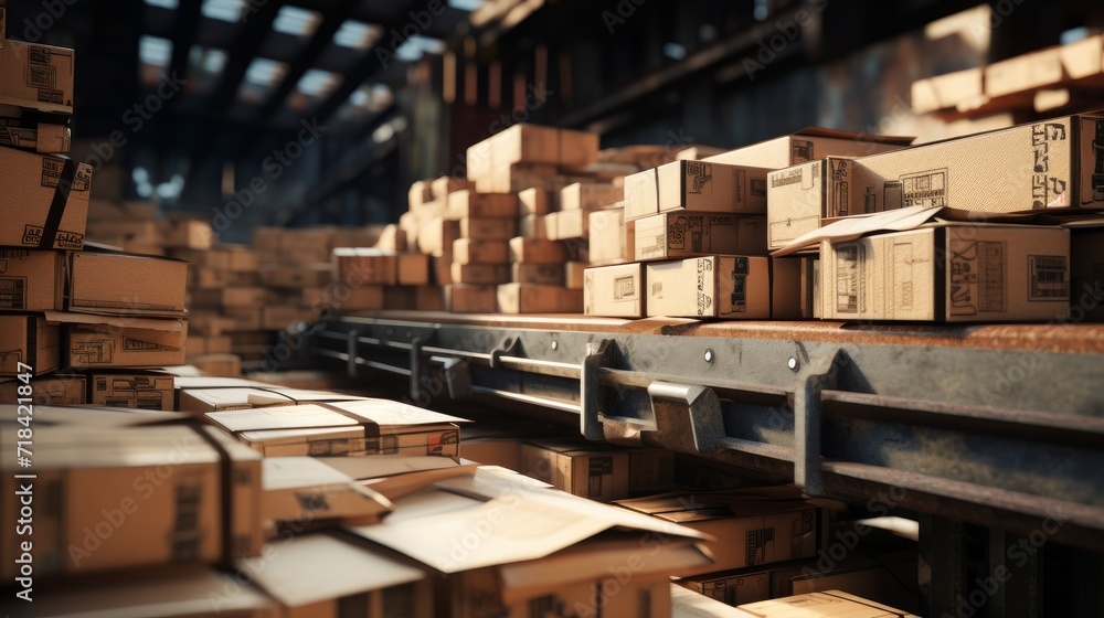 Poster a close-up view of stacked cardboard boxes travelling on a rusty conveyor belt ai generated