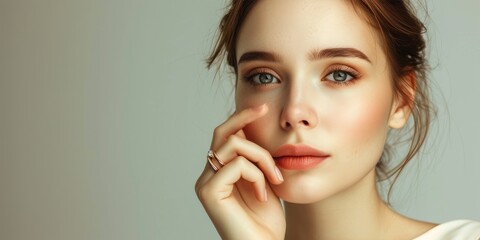 A gorgeous slightly smiling young woman wearing a ring on a hand touching chin - obrazy, fototapety, plakaty