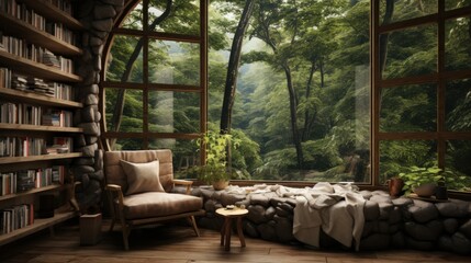 Fototapeta premium A cozy reading nook with a view of nature AI generated