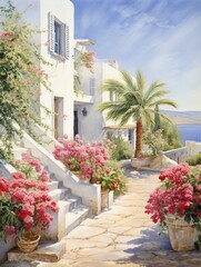 Fototapeta premium Greek Isle Whitewashed Villas Garden Scene Art: Stunning Mediterranean Gardens in Greek Villas