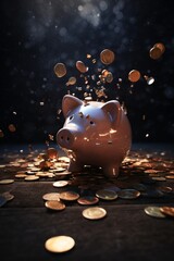 A cracked piggy bank with shiny coins pouring out against a rich dark background  AI generated