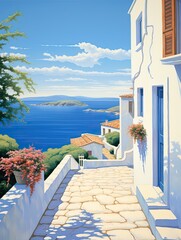 Fototapeta premium Greek Isle Whitewashed Villas Landscape Poster: Stunning Scenic Greek Villa Art Print