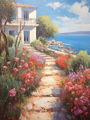 Greek Isle Whitewashed Villas: Pathway Painting to Seafront Villa - obrazy, fototapety, plakaty