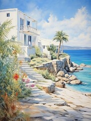 Greek Isle Whitewashed Villas Riverside Painting: Stunning Villas by Island Streams - obrazy, fototapety, plakaty