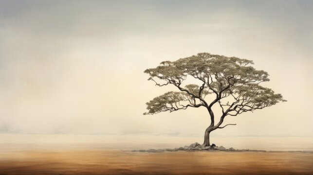  a painting of a lone tree in the middle of a barren field with a foggy sky in the background.