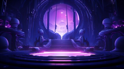 A fantasy-like image of an untouched scene soaked in purples interrupted only by the streaming light of blue line neon lamps and a tech-inspired pink digital podium AI generated