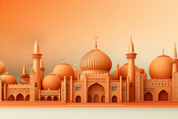 Fototapeta na wymiar Ramadan Greetings Card. Mosque-Inspired Design with Islamic Symbols, 3D style