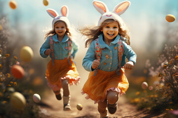 Excited children in cute bunny costumes are looking for Easter eggs on the paths near the meadow - Powered by Adobe