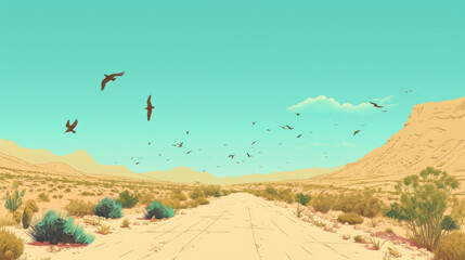 A desert landscape with birds flying off the road.