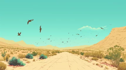 Gordijnen A desert landscape with birds flying off the road. © imlane