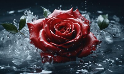beautiful red rose with water drops on dark background, closeup