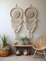 Vintage Macrame and Feather Hangings: Rustic Wall Decor for a Picturesque Landscape