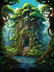 Naklejka premium Enchanted Isle: Delight in Magical Forest Creatures on Secluded Islands