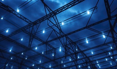 Industrial steel structure with lights in blue tone with stormy sky background