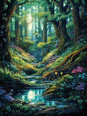 Mystical Woodland Beings: An Enchanting River Painting of Magical Forest Creatures by Flowing Streams